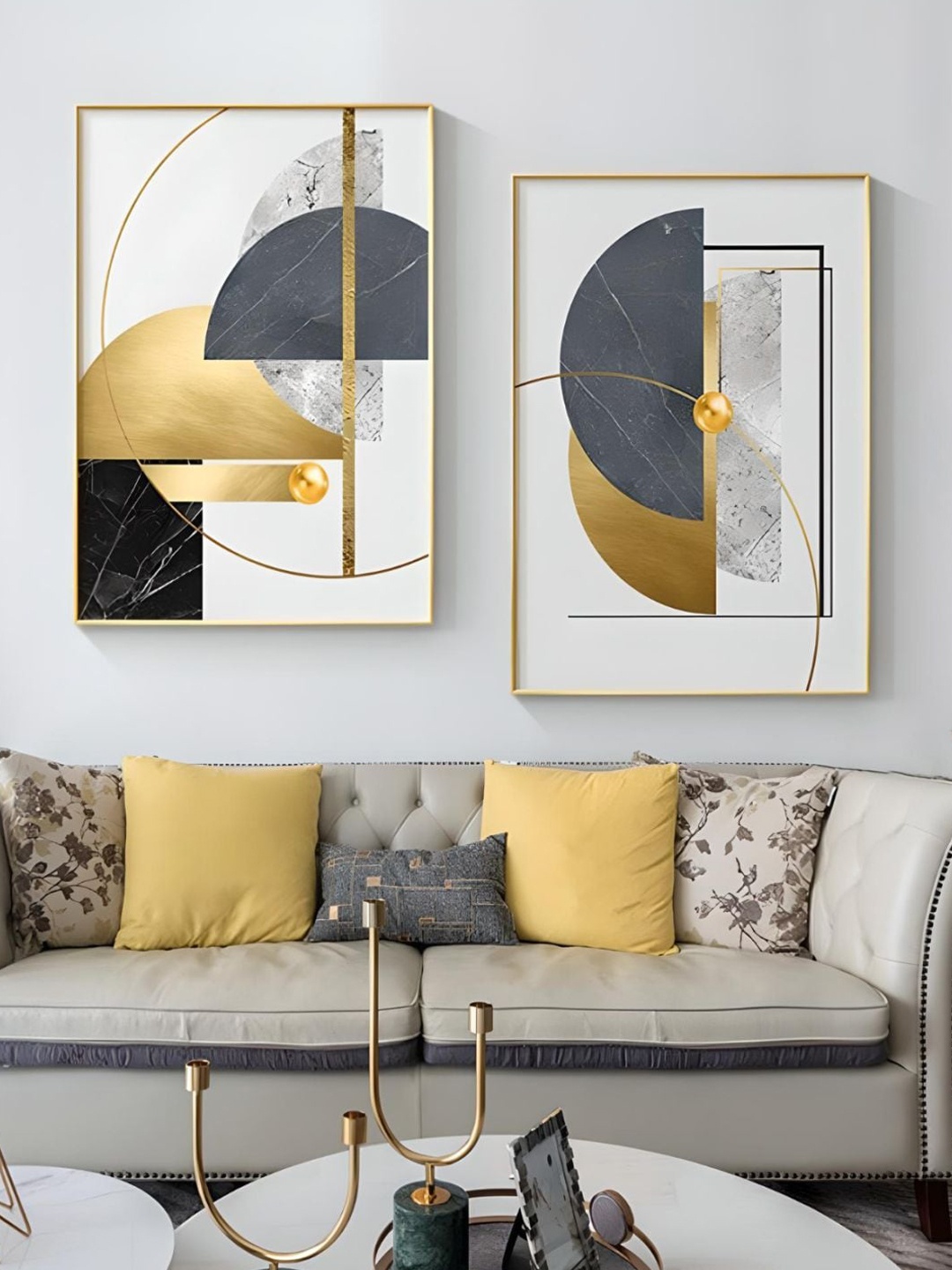 

THE HANDMADE FLAIR Gold-Toned & White 2 Pieces Wooden Geometric Wall Art