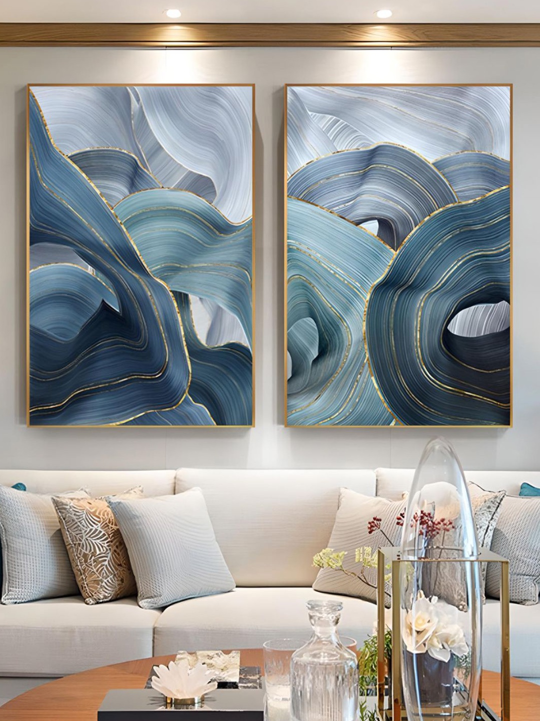 

THE HANDMADE FLAIR 2 Pcs Blue & Gold-Toned Abstract Framed Painting Wall Art