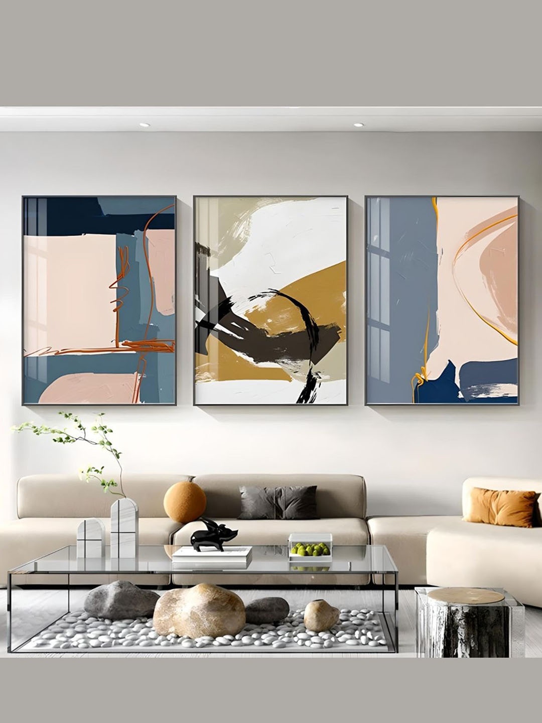 

THE HANDMADE FLAIR 3 Pcs White & Blue Abstract Framed Painting Wall Art