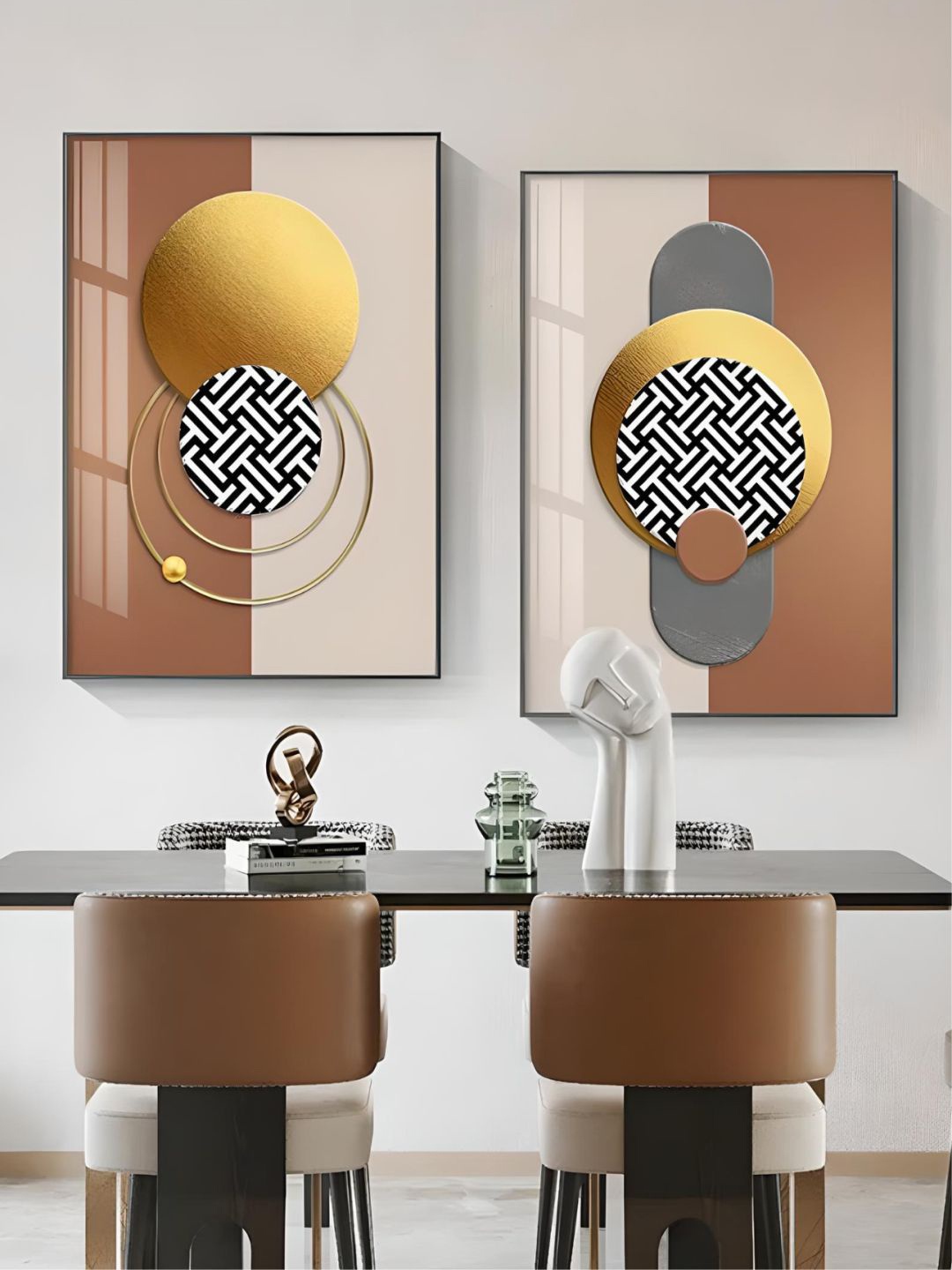 

THE HANDMADE FLAIR Gold Toned & Beige 2 Pieces Abstract Wooden Paintings Wall Art