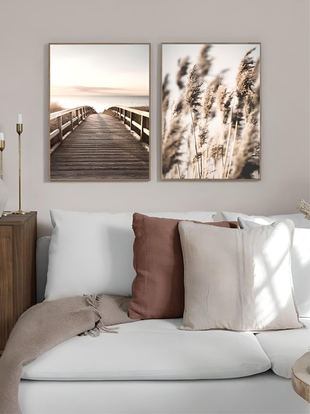 

THE HANDMADE FLAIR Beige & White 2 Pieces Abstract Printed Wooden Wall Arts