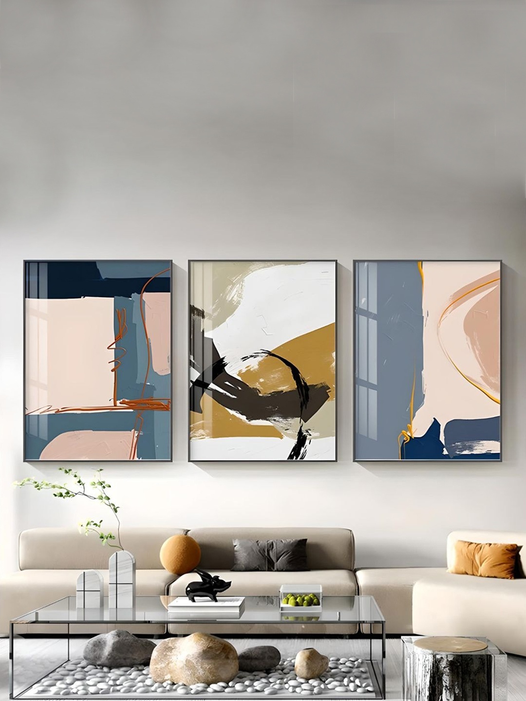 

THE HANDMADE FLAIR Grey & Beige 3 Pieces Abstract Wooden Paintings Wall Art
