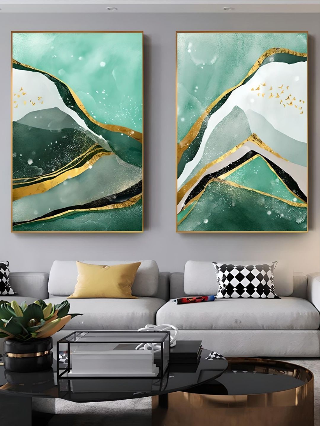 

THE HANDMADE FLAIR Teal Green & Grey 2 Pieces Abstract Marble Wooden Wall Art