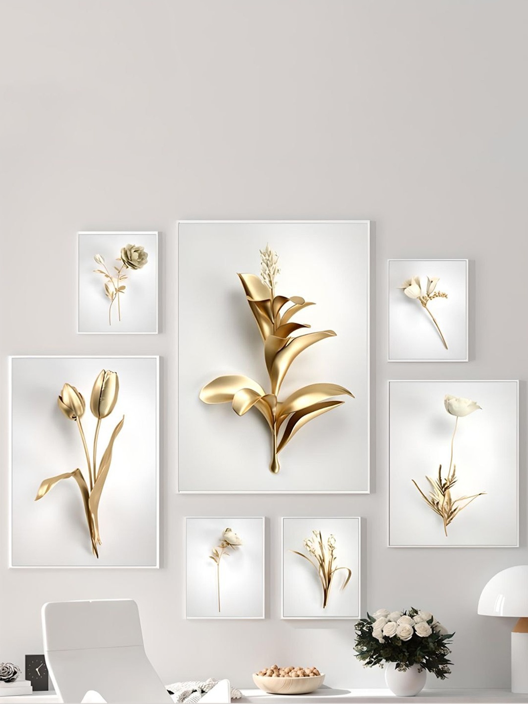 

THE HANDMADE FLAIR White & Gold-Toned 7 Pieces Canvas Abstract Wall Art