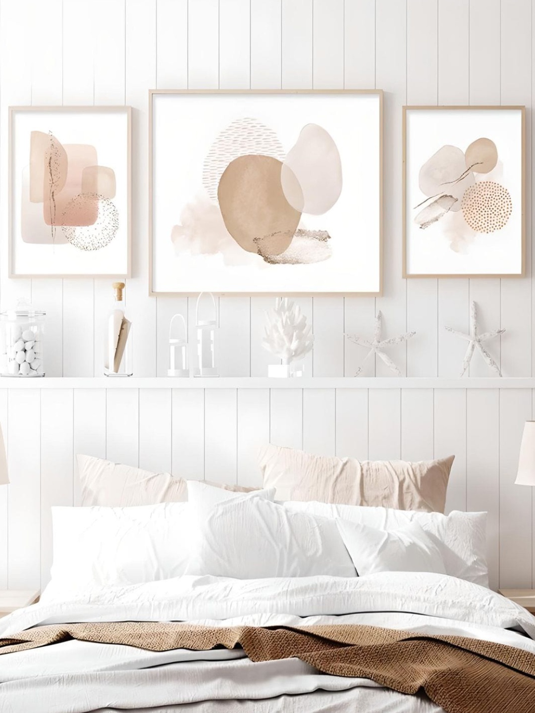 

THE HANDMADE FLAIR White & Beige 3 Pcs Abstract Framed Painting Wall Art