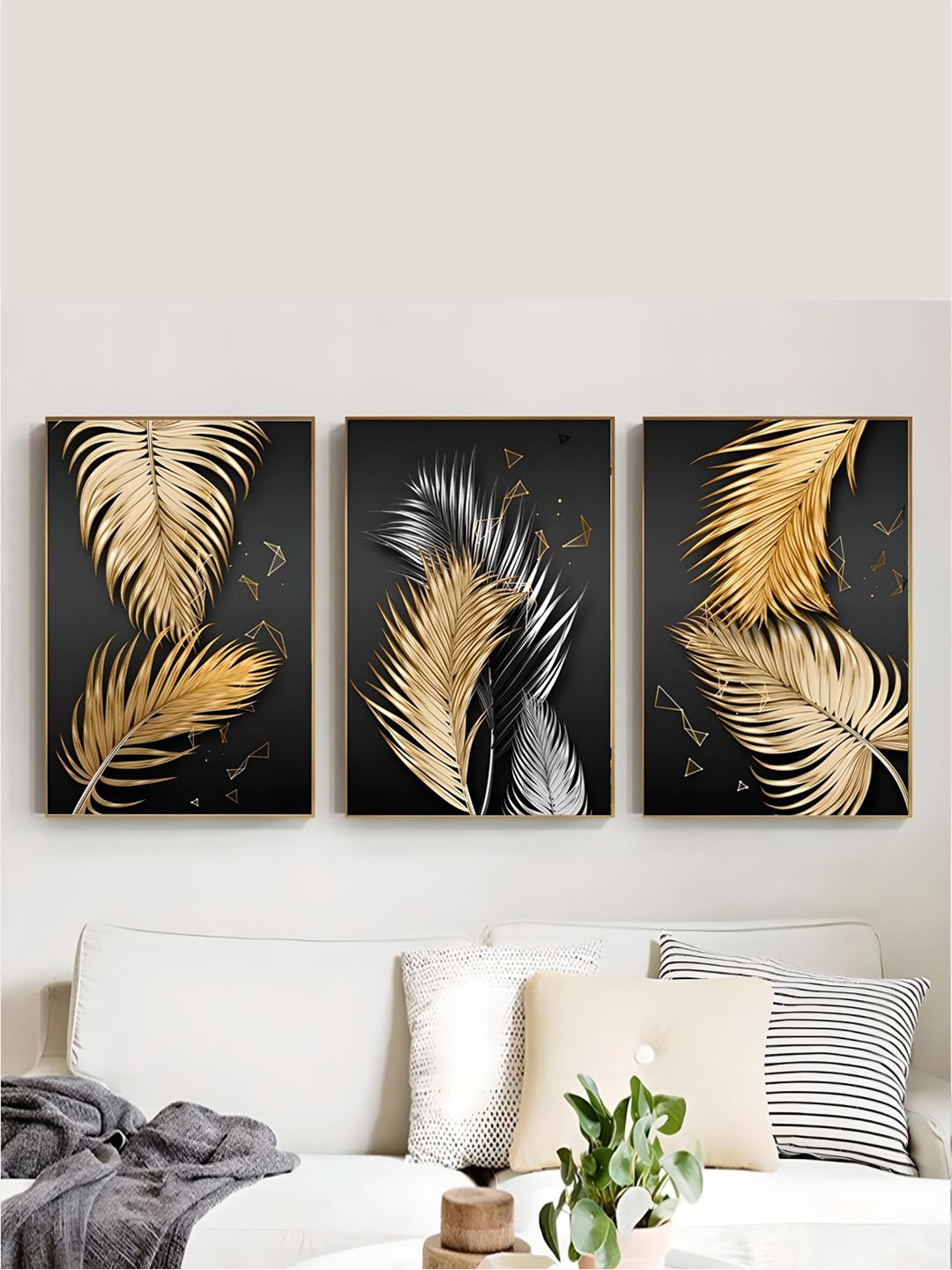 

THE HANDMADE FLAIR 3 Pcs Black & Gold-Toned Tropical Palm Leaves Framed Painting Wall Art