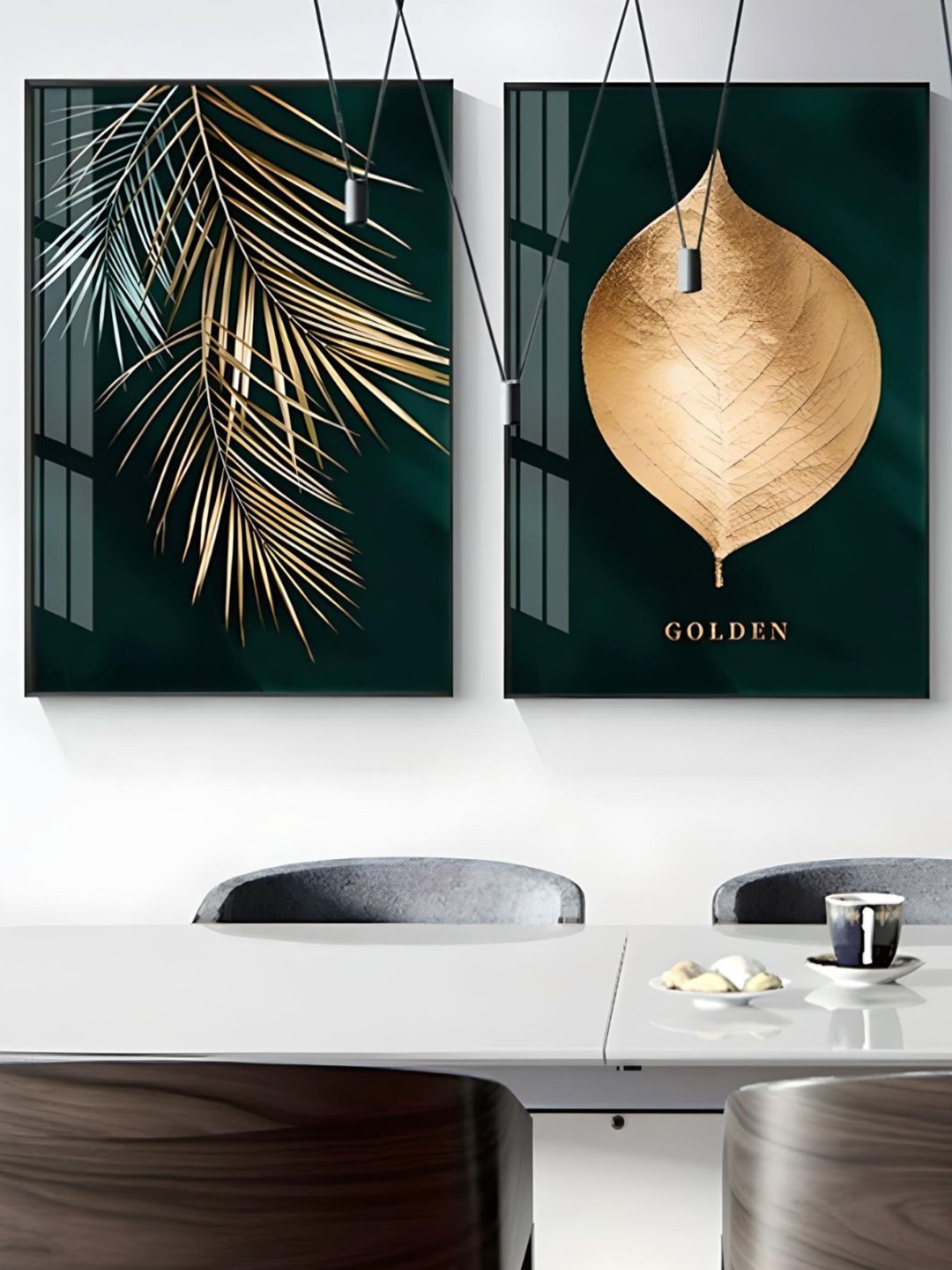 

THE HANDMADE FLAIR Green & Gold-Toned 2 Pieces Wood Nordic Tropical Painting Wall Arts