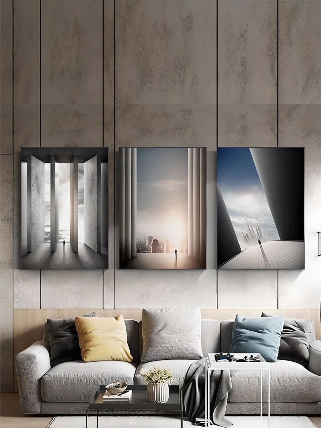 

THE HANDMADE FLAIR 3 Pcs Grey & Blue Architectural Framed Painting Wall Art