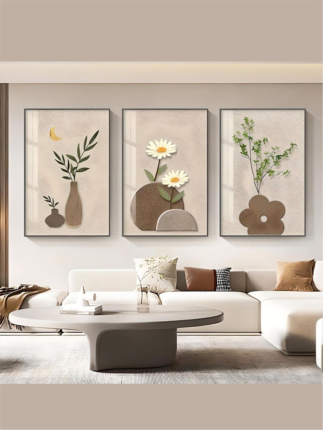 

THE HANDMADE FLAIR 3 Pcs Brown & Cream-Coloured Floral Framed Painting Wall Art