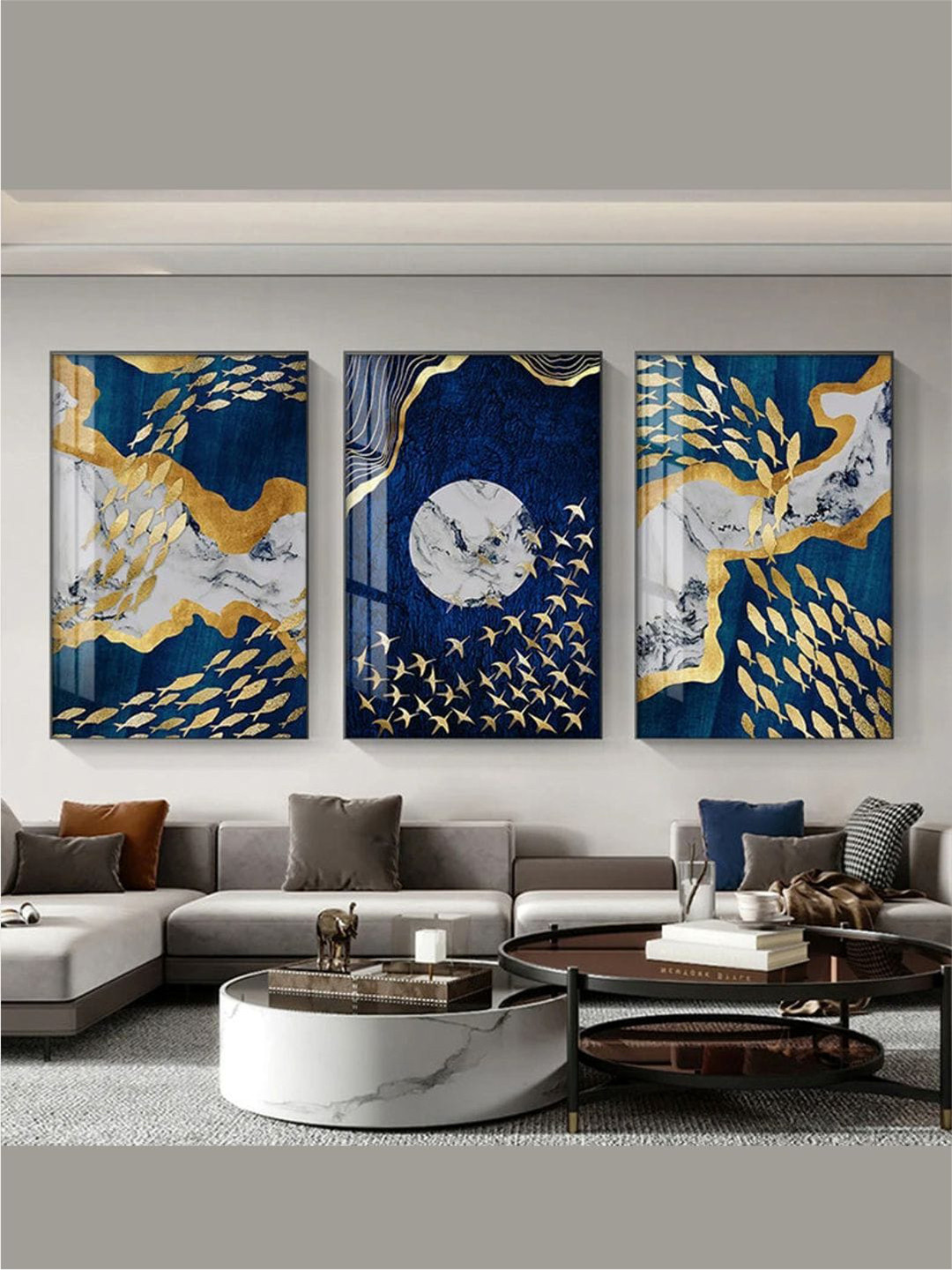 

THE HANDMADE FLAIR Navy Blue & Gold Toned 3 Pieces Abstract Printed Wooden Wall Arts