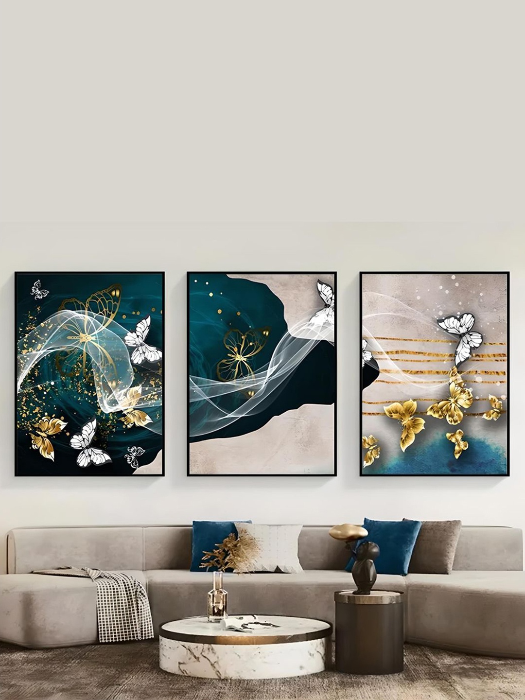 

THE HANDMADE FLAIR 3 Pcs Green & Cream-Coloured Butterflies Framed Painting Wall Art