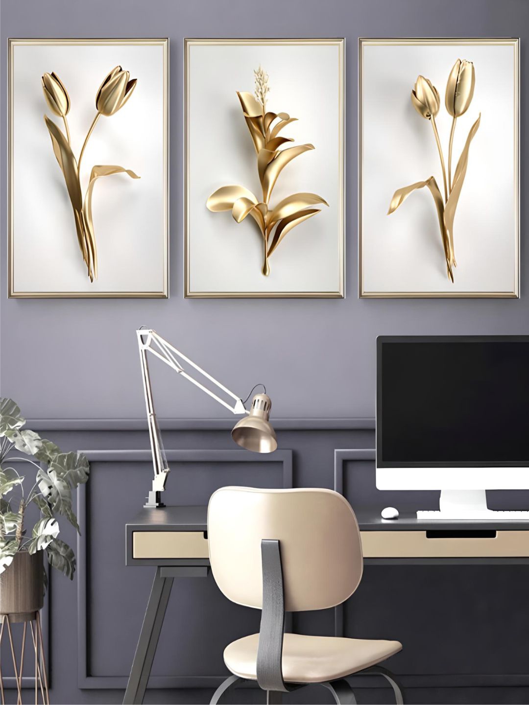 

THE HANDMADE FLAIR 3 Pcs White & Gold-Toned Flowers Framed Painting Wall Art