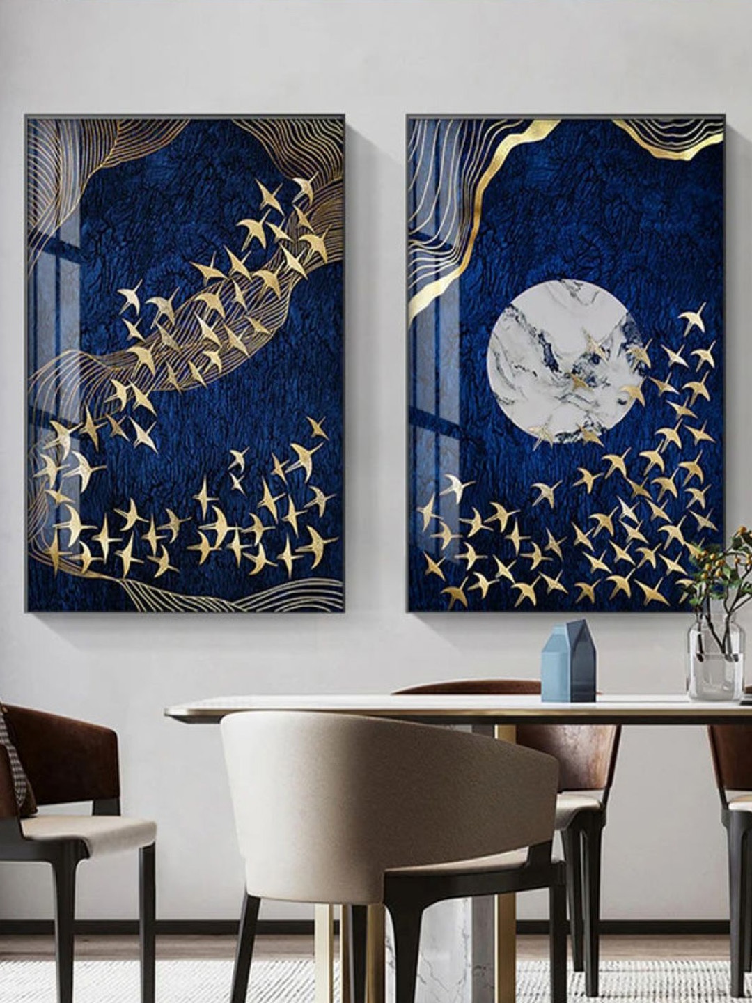 

THE HANDMADE FLAIR Blue & Gold Toned 2 Pieces Abstract Printed Wooden Wall Arts