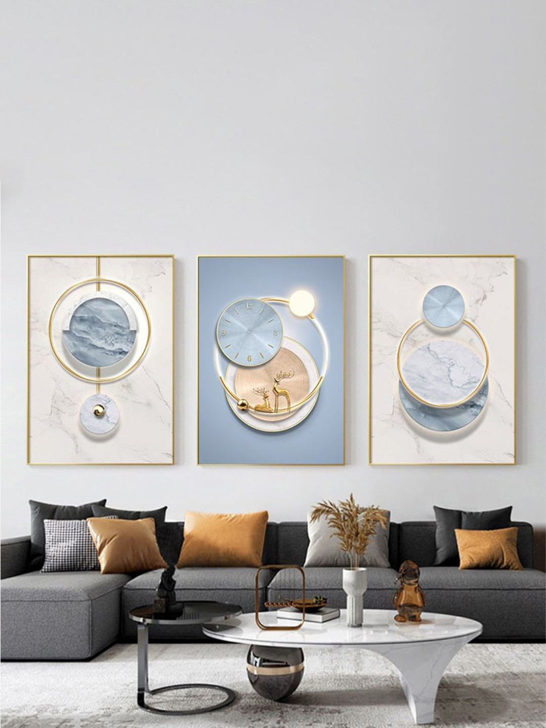 

THE HANDMADE FLAIR 3 Pcs White & Blue Circle Of Light Framed Painting Wall Art