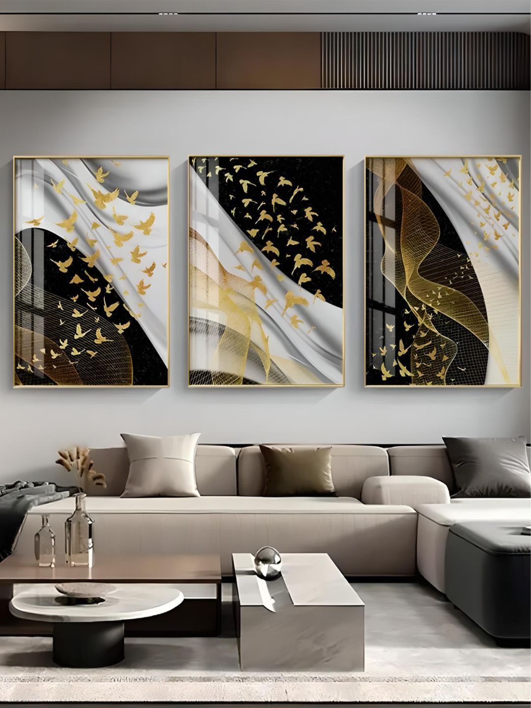 

THE HANDMADE FLAIR 3 Pcs Grey & Black Birds Flowing Framed Painting Wall Art
