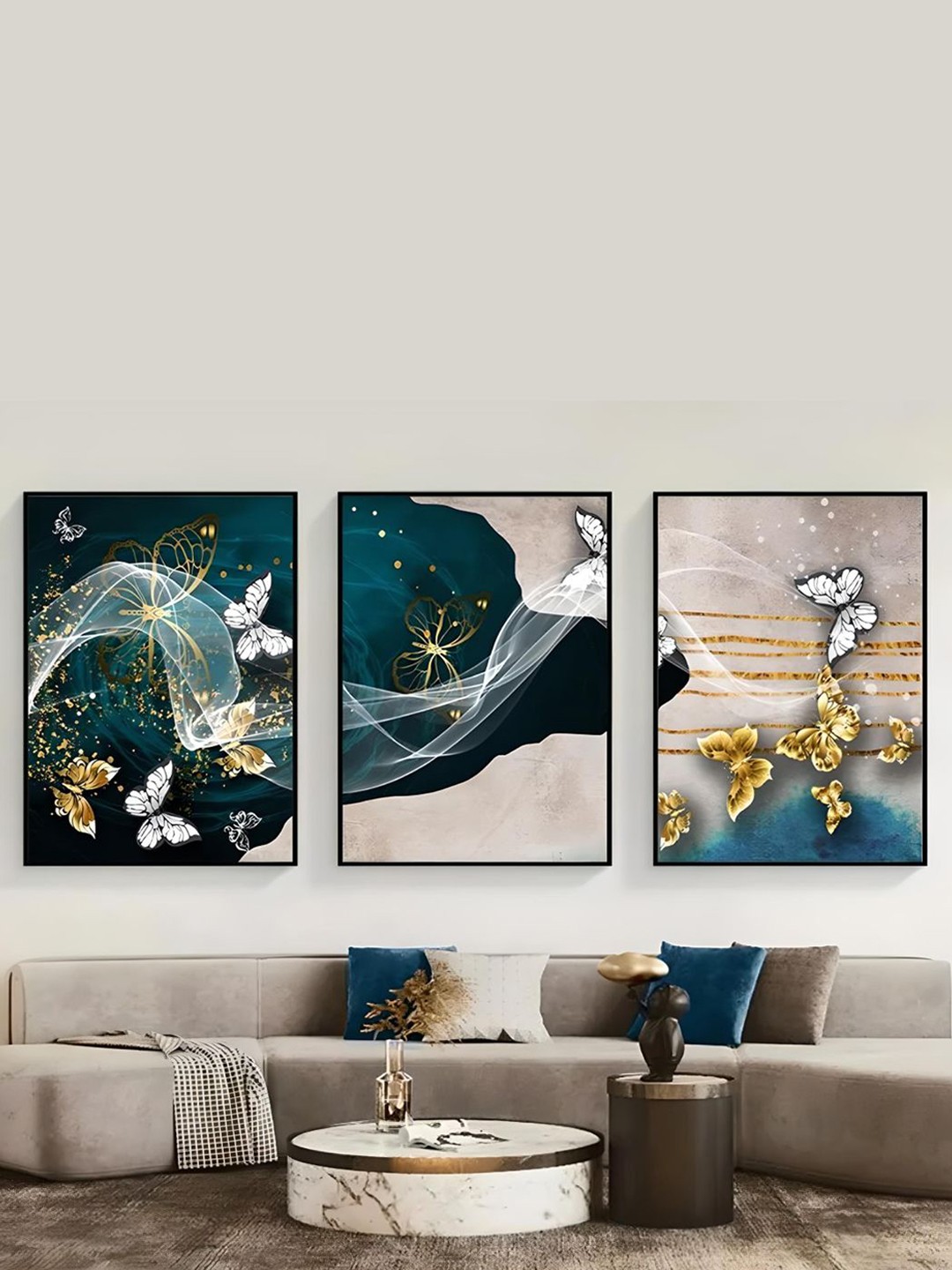 

THE HANDMADE FLAIR Navy Blue & Cream-Coloured 3 Piece Wood Butterflies Painting Wall Art
