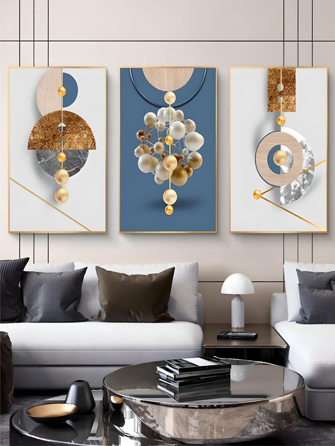 

THE HANDMADE FLAIR Blue & White 3 Pcs Geometric Wooden Framed Painting Wall Arts