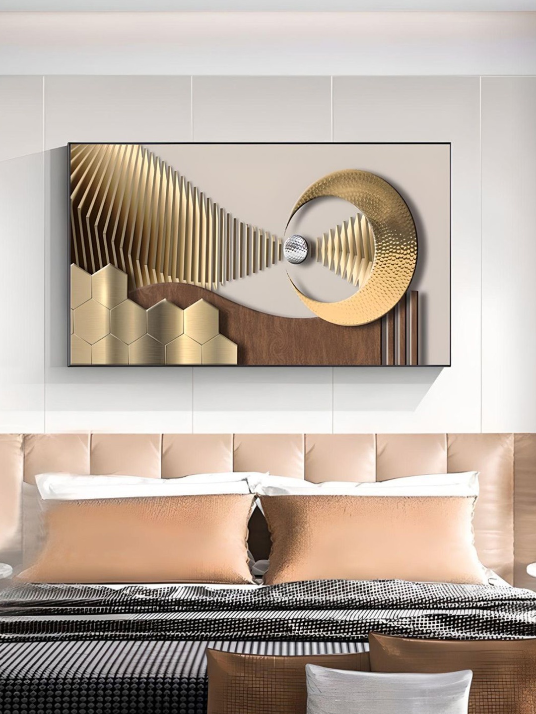 

THE HANDMADE FLAIR Gold toned & Grey Wooden Abstract Paintings Wall Art