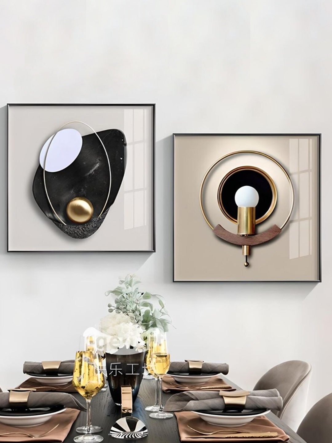 

THE HANDMADE FLAIR 2 Pcs Beige & Black Abstract Framed Painting Wall Art