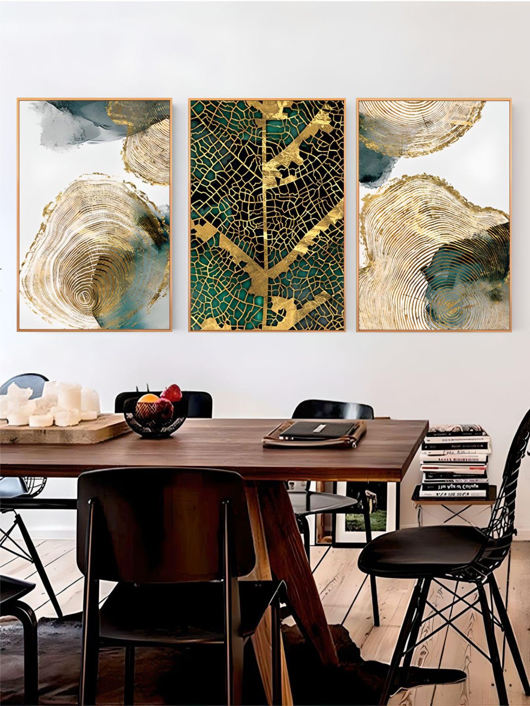

THE HANDMADE FLAIR Gold Toned & Green 3 Pieces Abstract Printed Wooden Wall Art