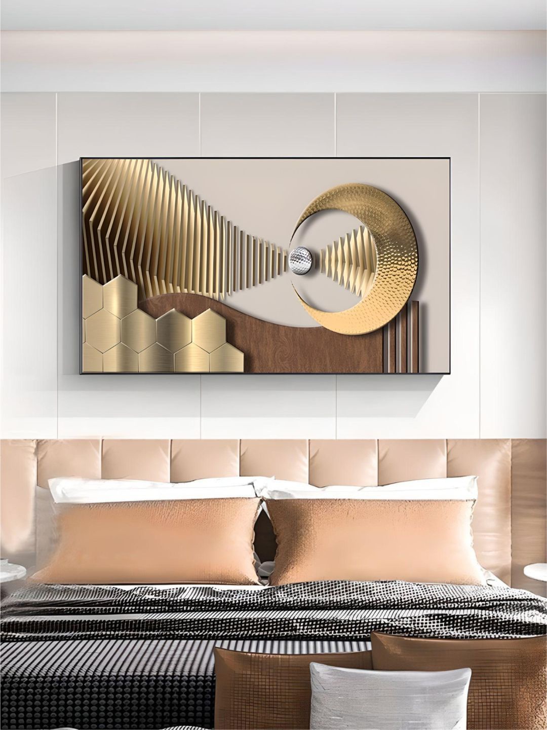 

THE HANDMADE FLAIR Gold toned & Grey Wooden Abstract Paintings Wall Art