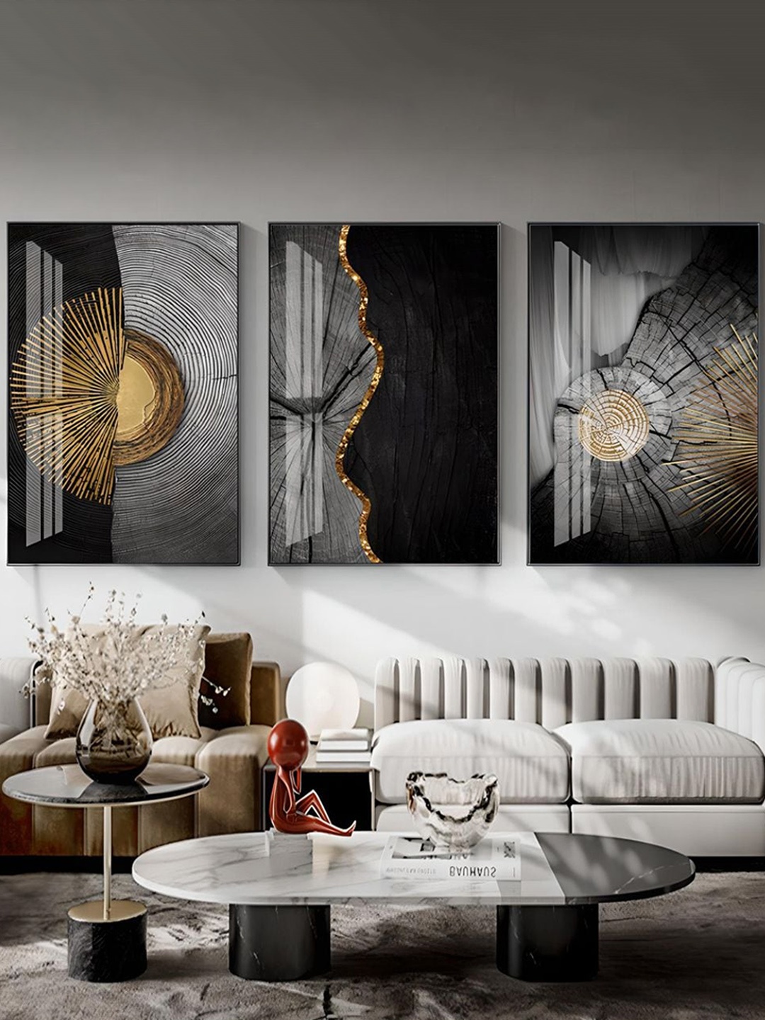

THE HANDMADE FLAIR 3 Pcs Black & Grey Tree Rings Framed Painting Wall Art