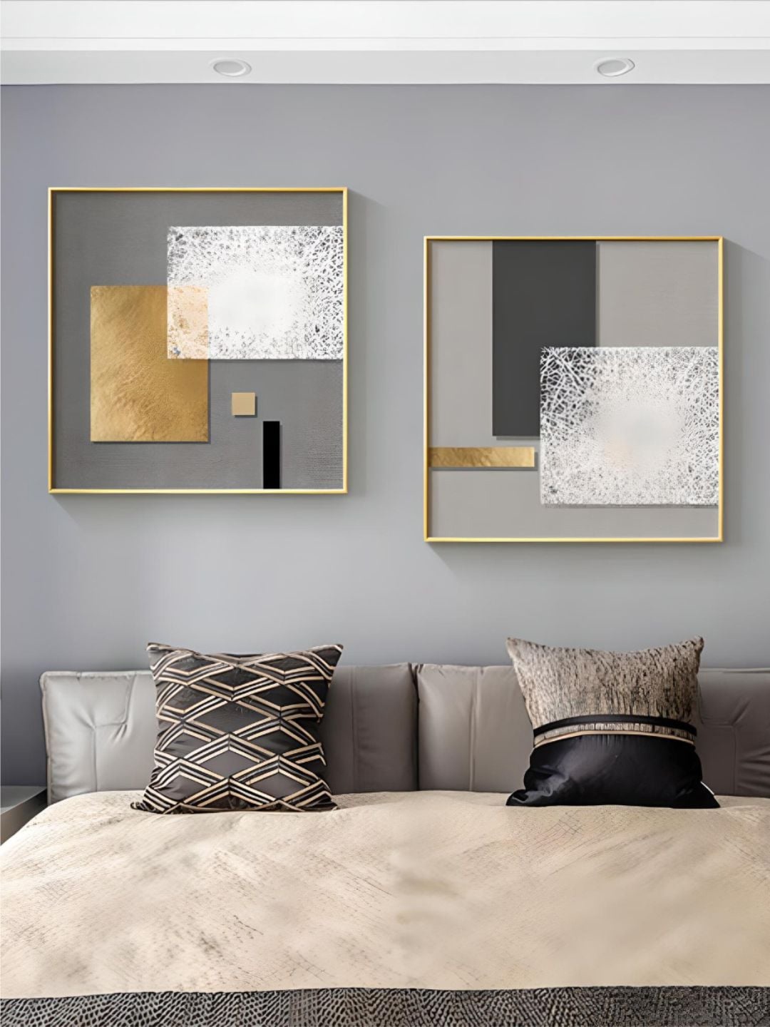 

THE HANDMADE FLAIR 2 Pcs Grey & White Abstract Framed Painting Wall Art