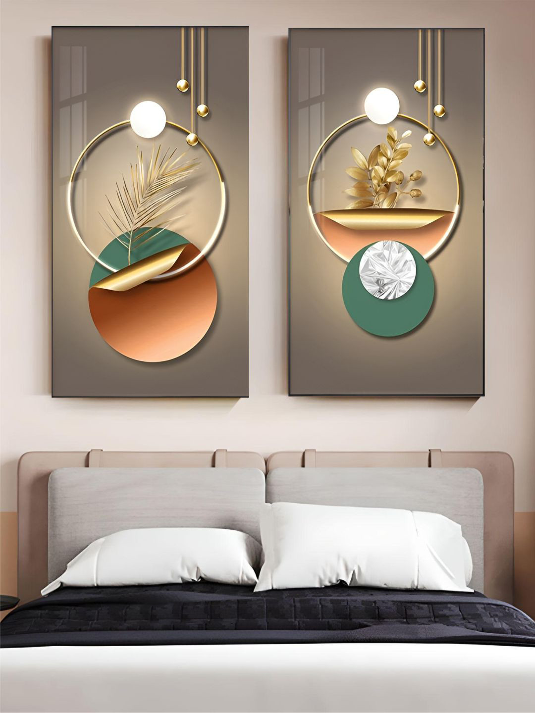 

THE HANDMADE FLAIR 2 Pcs Grey & Brown Botanical Circle Of Life Framed Painting Wall Art