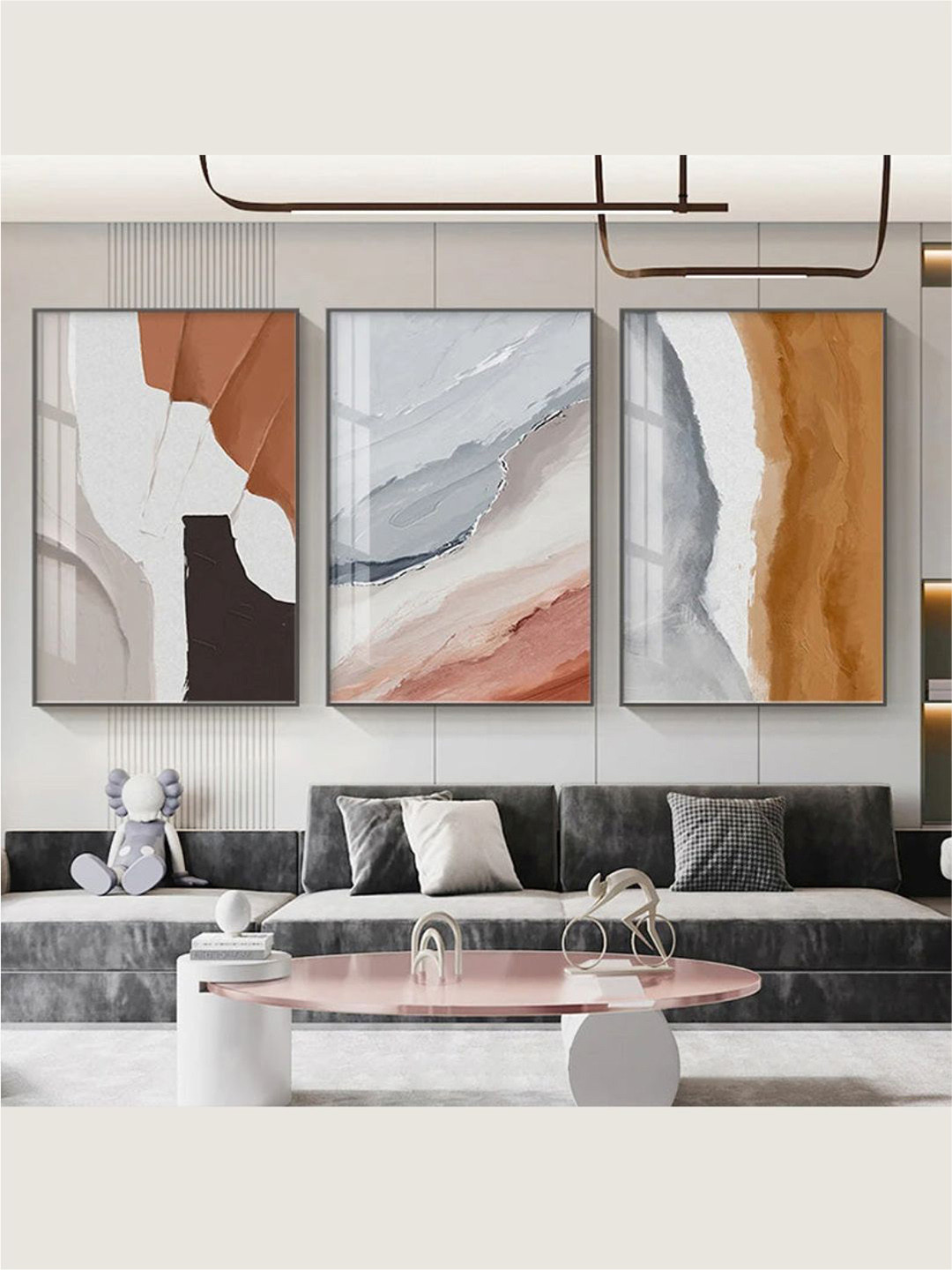 

THE HANDMADE FLAIR Beige & Grey 3 Pieces Abstract Terracotta Wall Arts