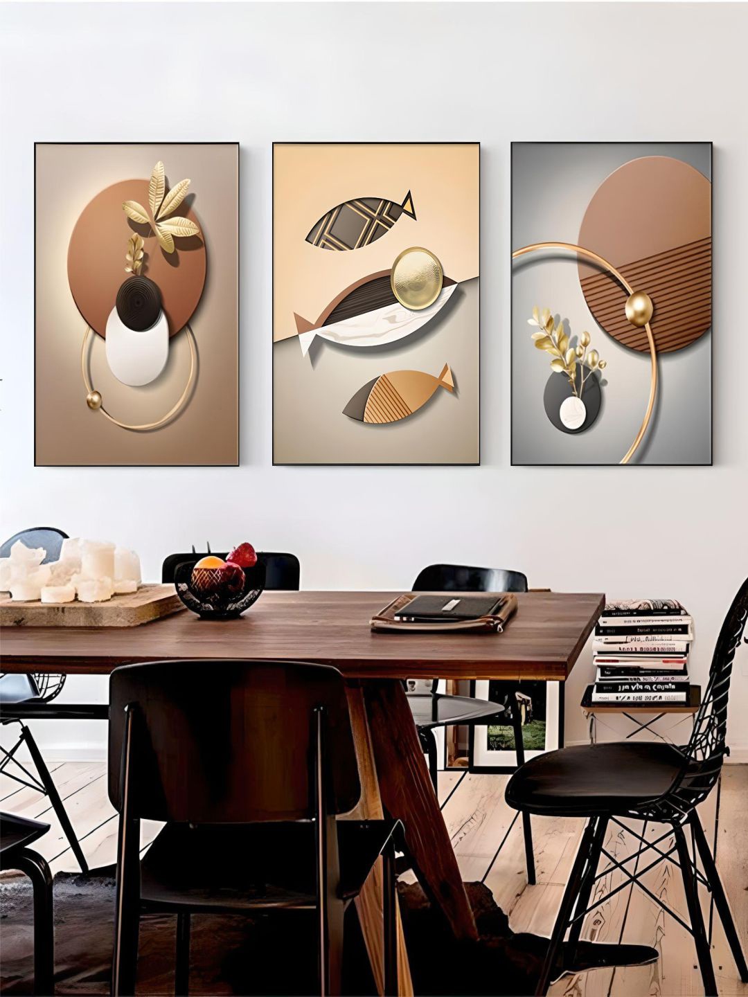 

THE HANDMADE FLAIR Brown & Cream 3 Pieces Abstract Printed Wooden Wall Art