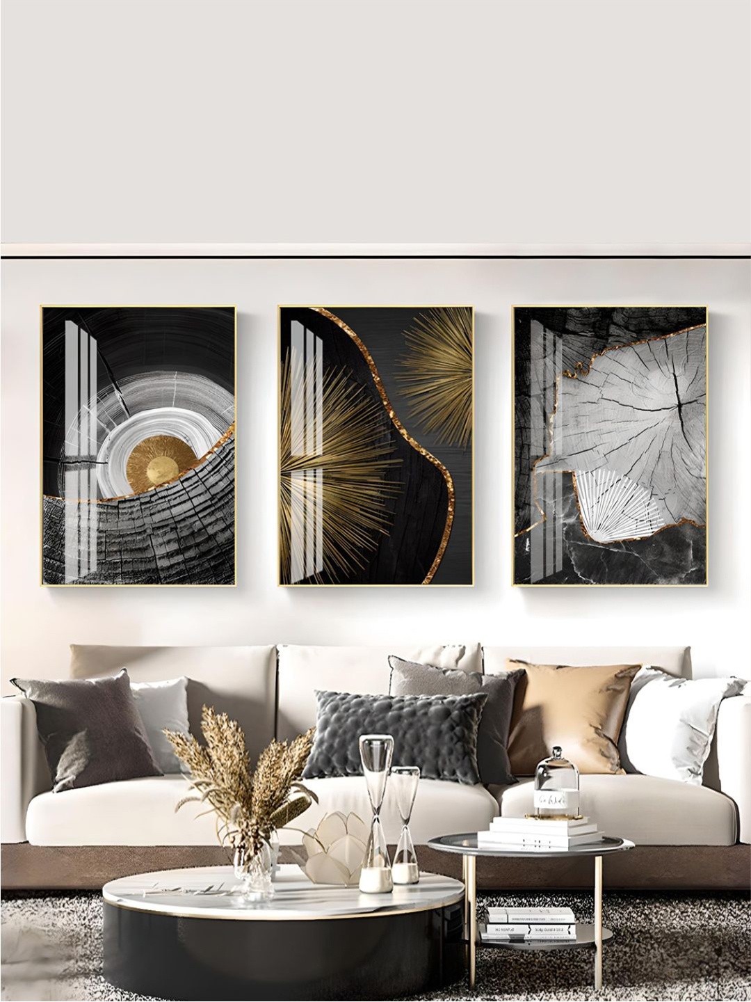 

THE HANDMADE FLAIR 3 Pcs Grey & Black Wood Tree Rings Framed Painting Wall Art