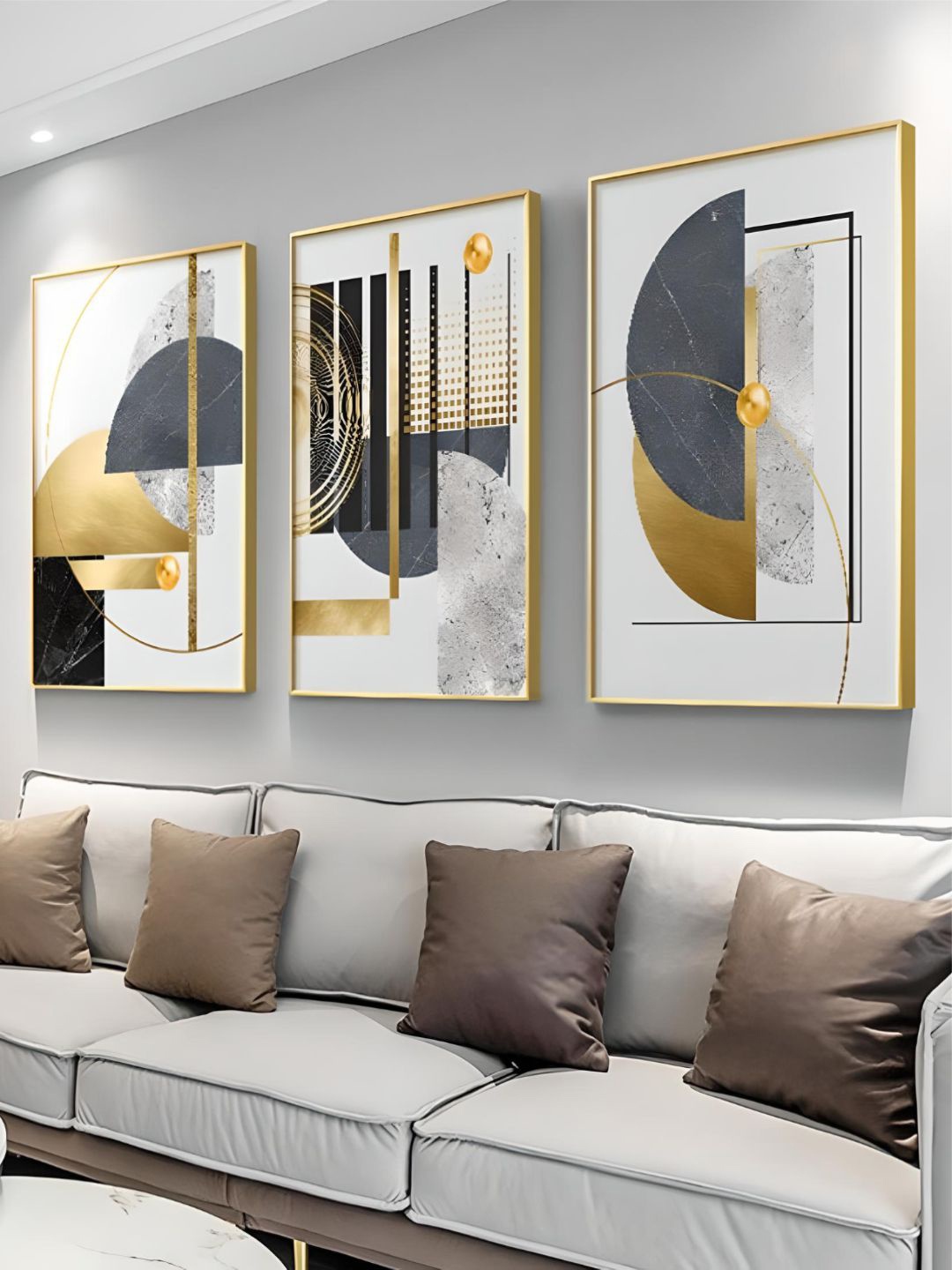 

THE HANDMADE FLAIR White and GoldToned 3 Pieces Modern Abstract Geometric FLAIR Wall Art