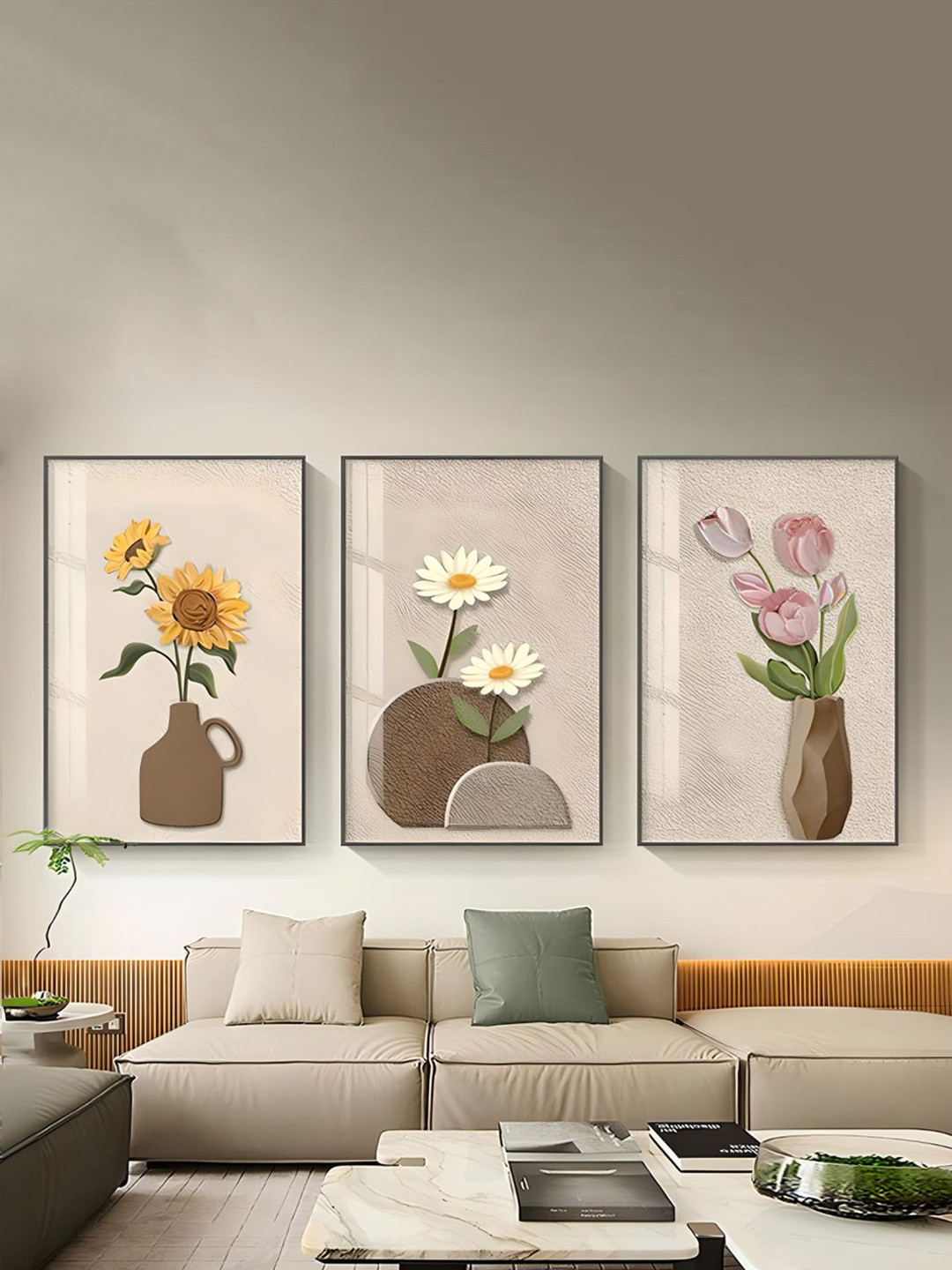 

THE HANDMADE FLAIR Beige & Pink 3 Pieces Floral Still Life Textural Wall Arts