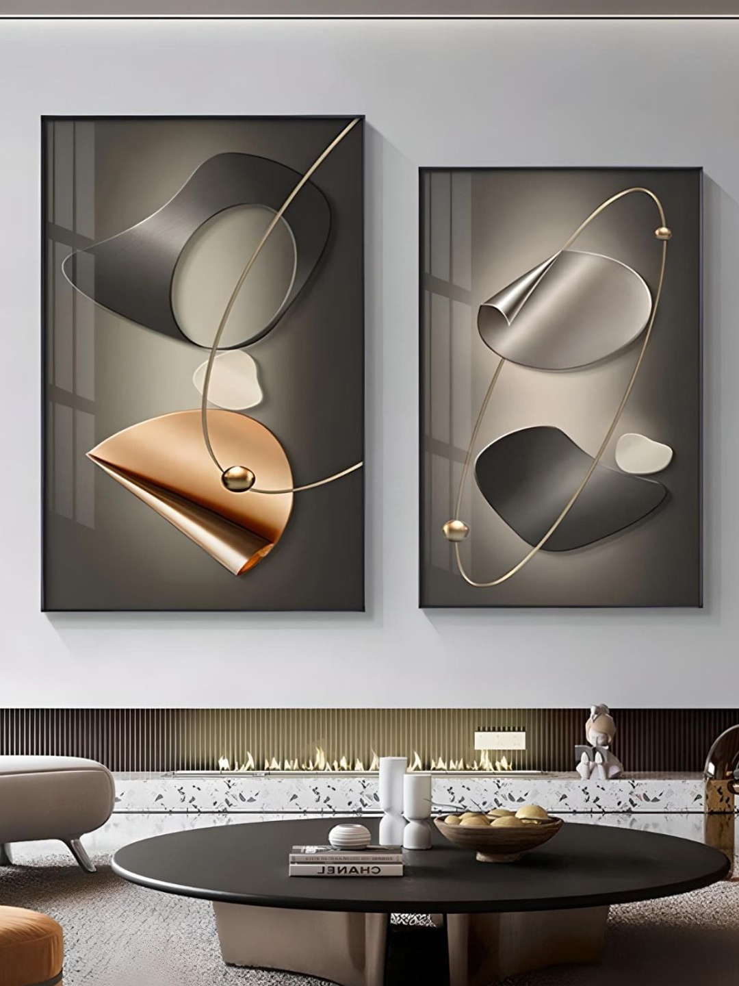 

THE HANDMADE FLAIR 2 Pcs Grey & Gold-Toned Abstract Framed Painting Wall Art