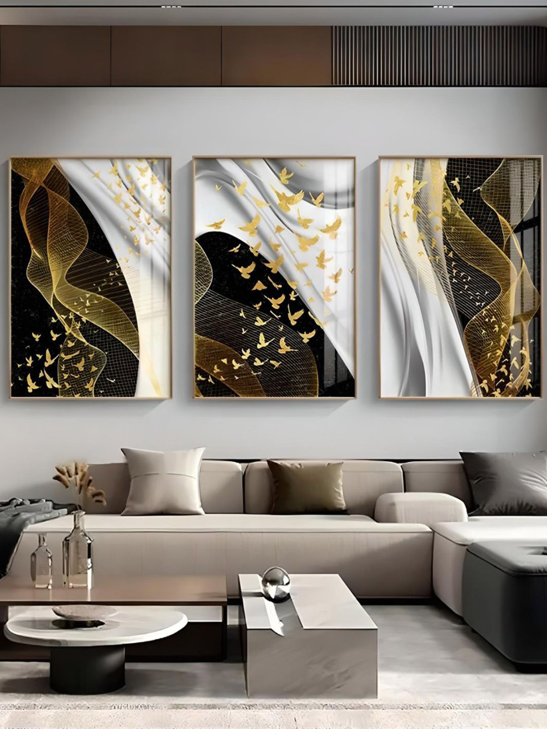 

THE HANDMADE FLAIR 3 Pcs White & Black Birds Flowing Framed Painting Wall Art