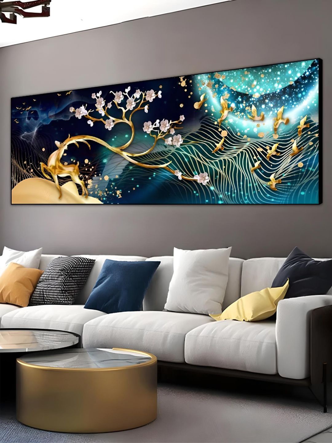 

THE HANDMADE FLAIR Black & Blue 1 Piece Wood Auspicious Golden Deer Painting Wall Art