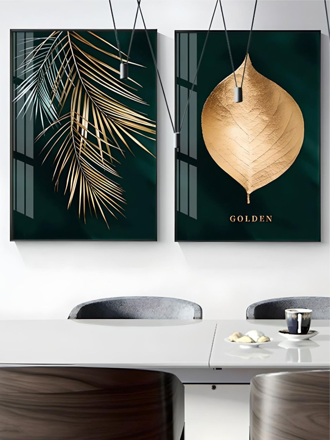 

THE HANDMADE FLAIR Gold Toned 2 Pcs Leaf & Minimalist Nordic Tropical Plants Wall Art, Green