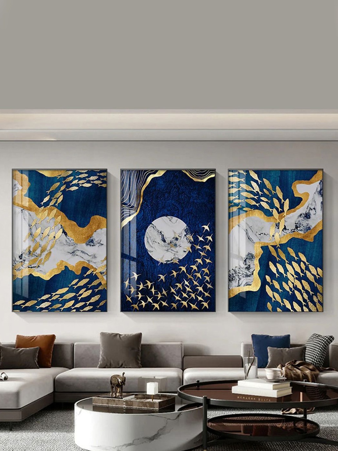 

THE HANDMADE FLAIR 3 Pcs Blue & Golden Fish Framed Painting Wall Art