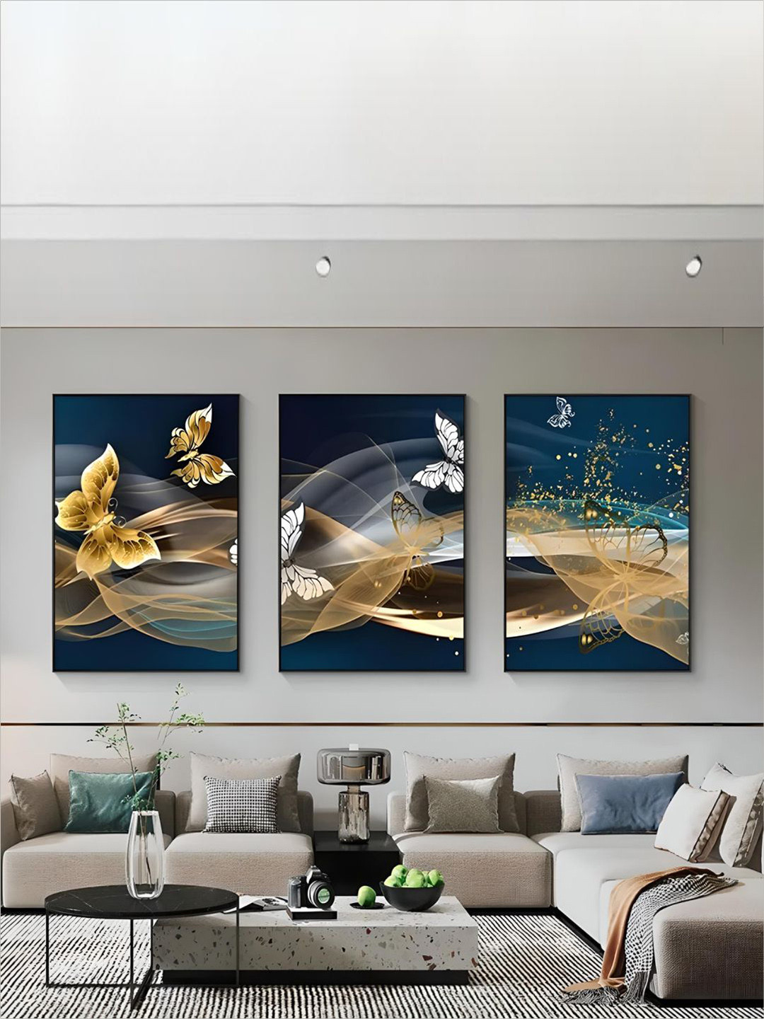 

THE HANDMADE FLAIR Blue 3 Pcs Butterflies Abstract Wall Art, Black