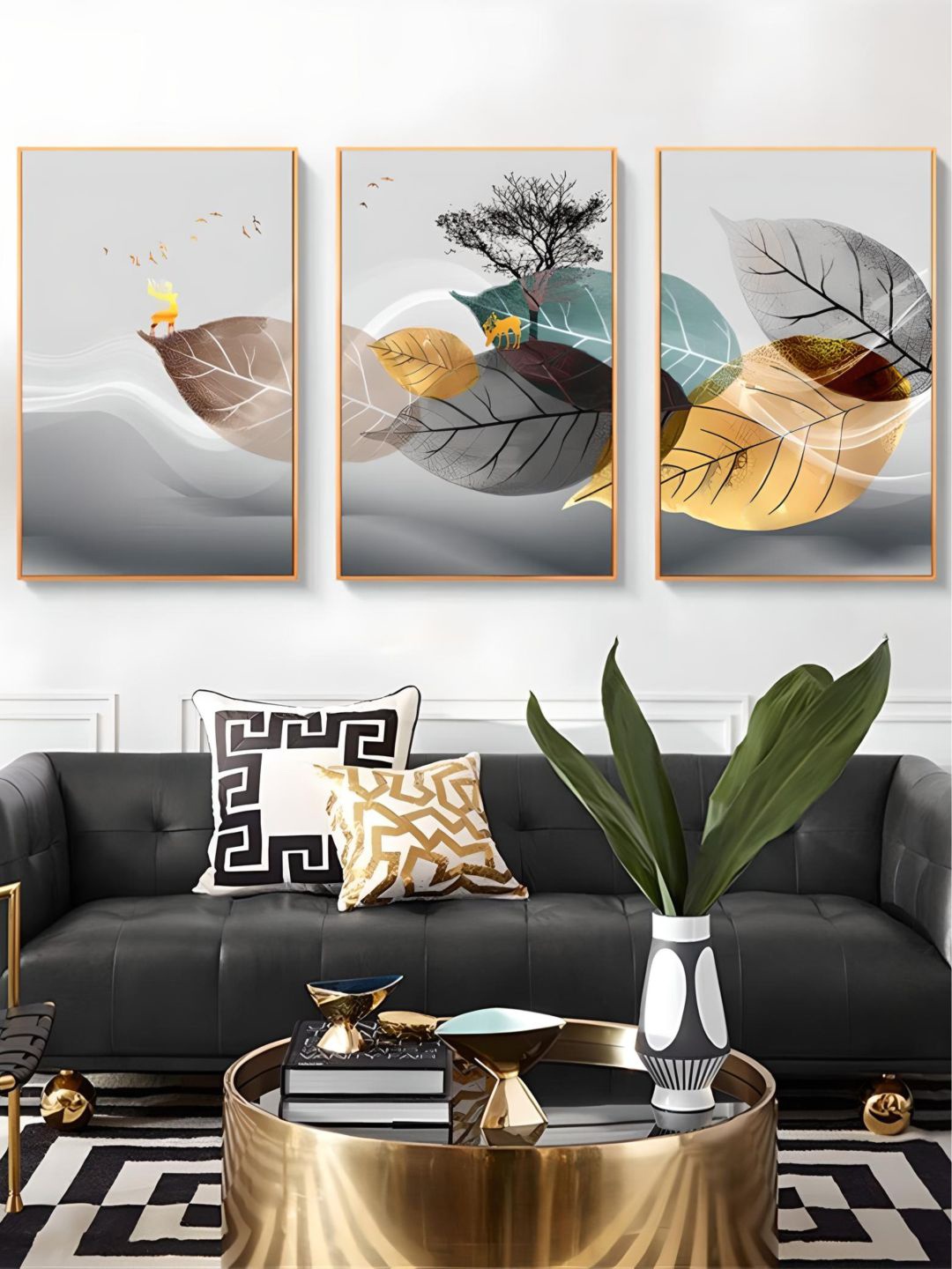 

THE HANDMADE FLAIR Grey & Gold-Toned 3 Piece Wood Golden Deer In Autumn Painting Wall Arts
