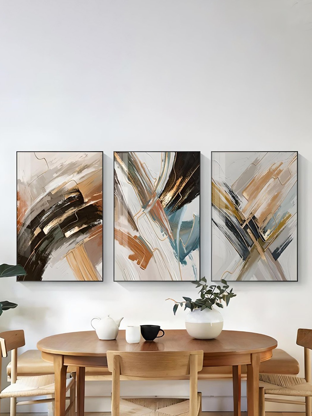 

THE HANDMADE FLAIR Neutral White & Brown 3 Pieces Nordic Abstract Wooden Wall Art