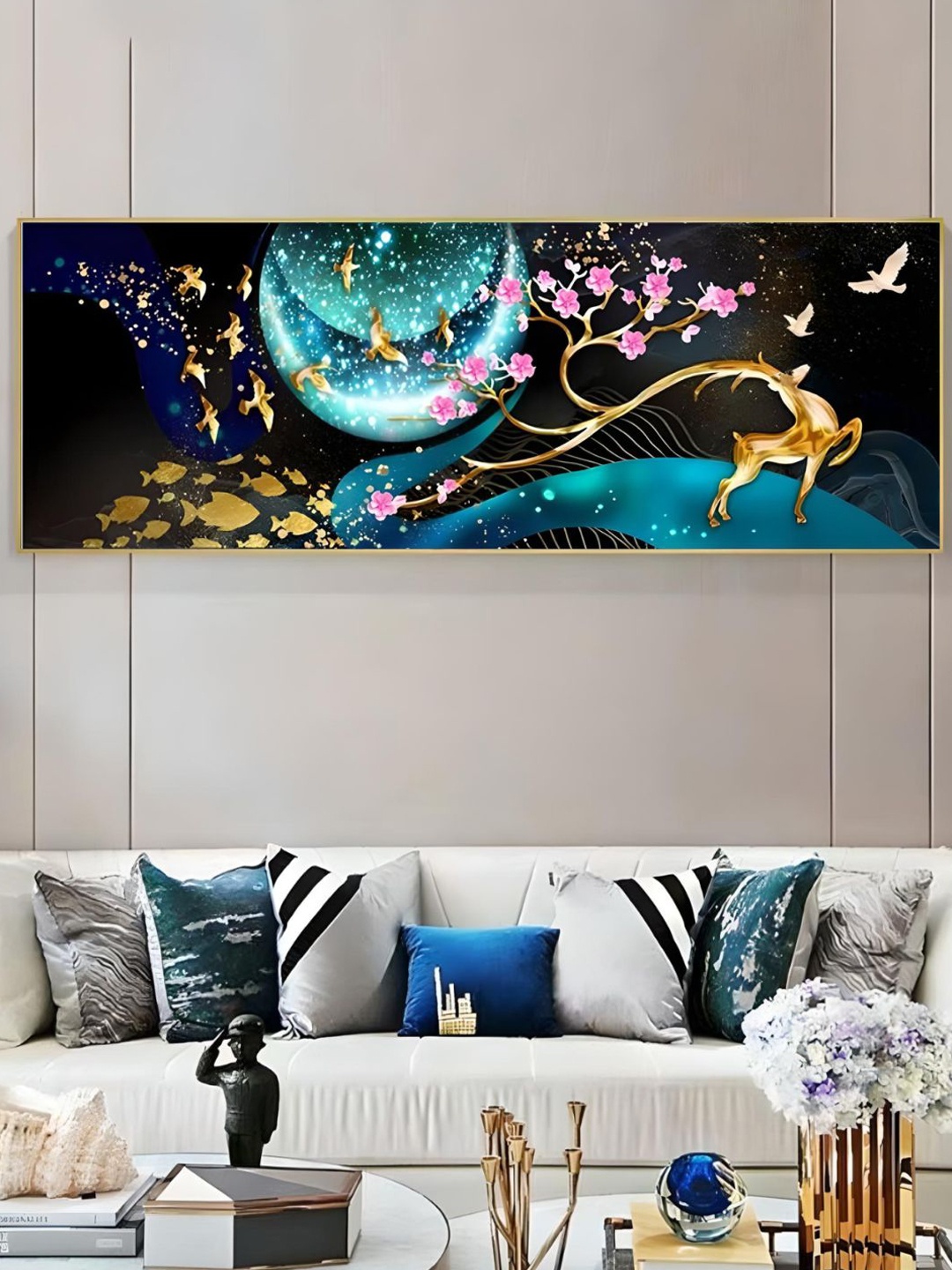 

THE HANDMADE FLAIR Blue & Gold-Toned Wood Auspicious Golden Deer Painting Wall Art