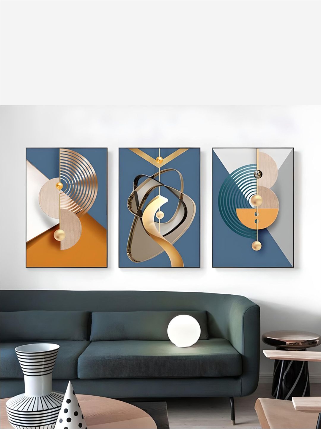 

THE HANDMADE FLAIR 3 Pcs Blue & Orange Abstract Framed Painting Wall Art