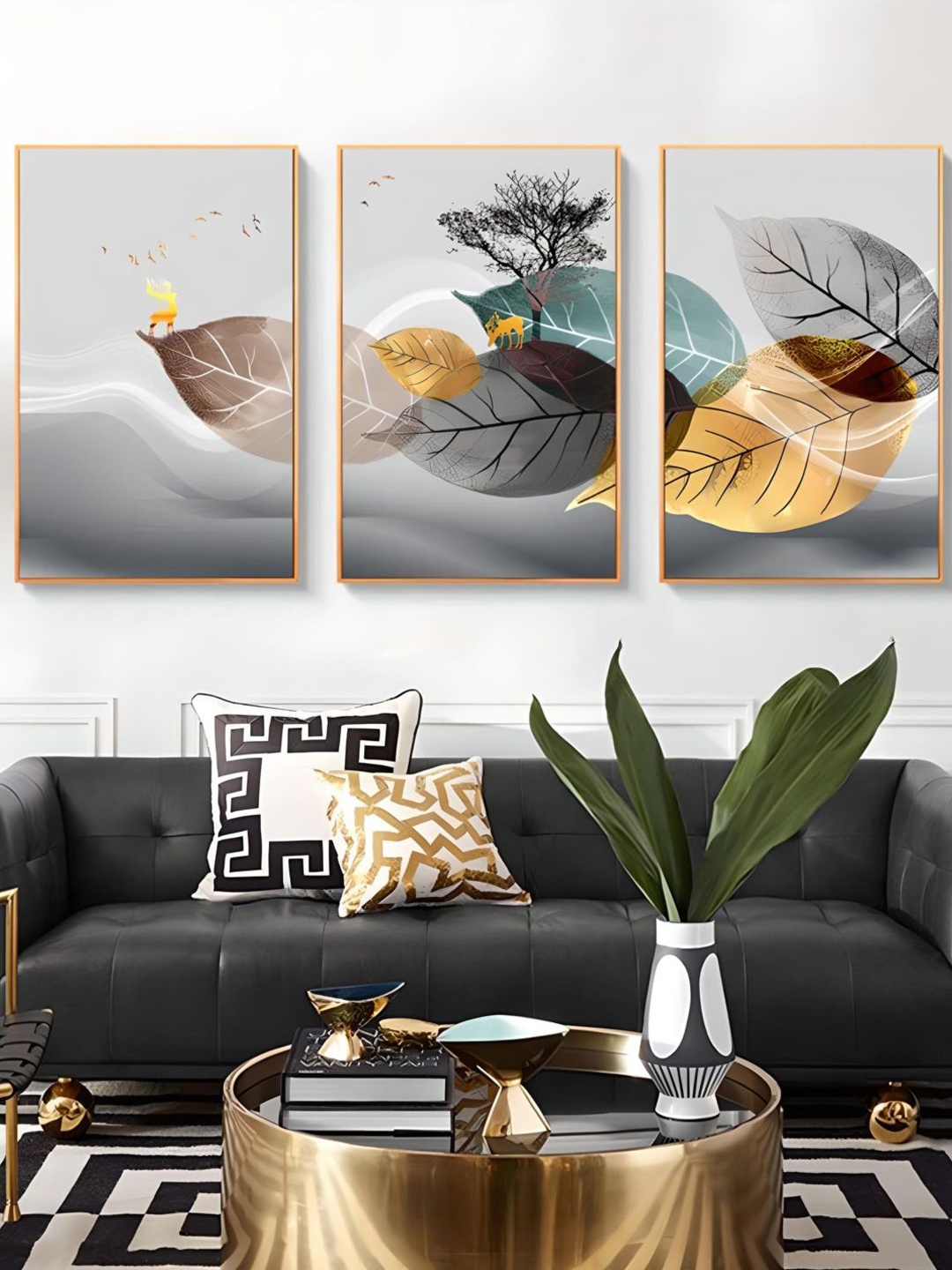 

THE HANDMADE FLAIR 3 Pcs Grey & Gold-Toned Tropical Framed Painting Wall Art