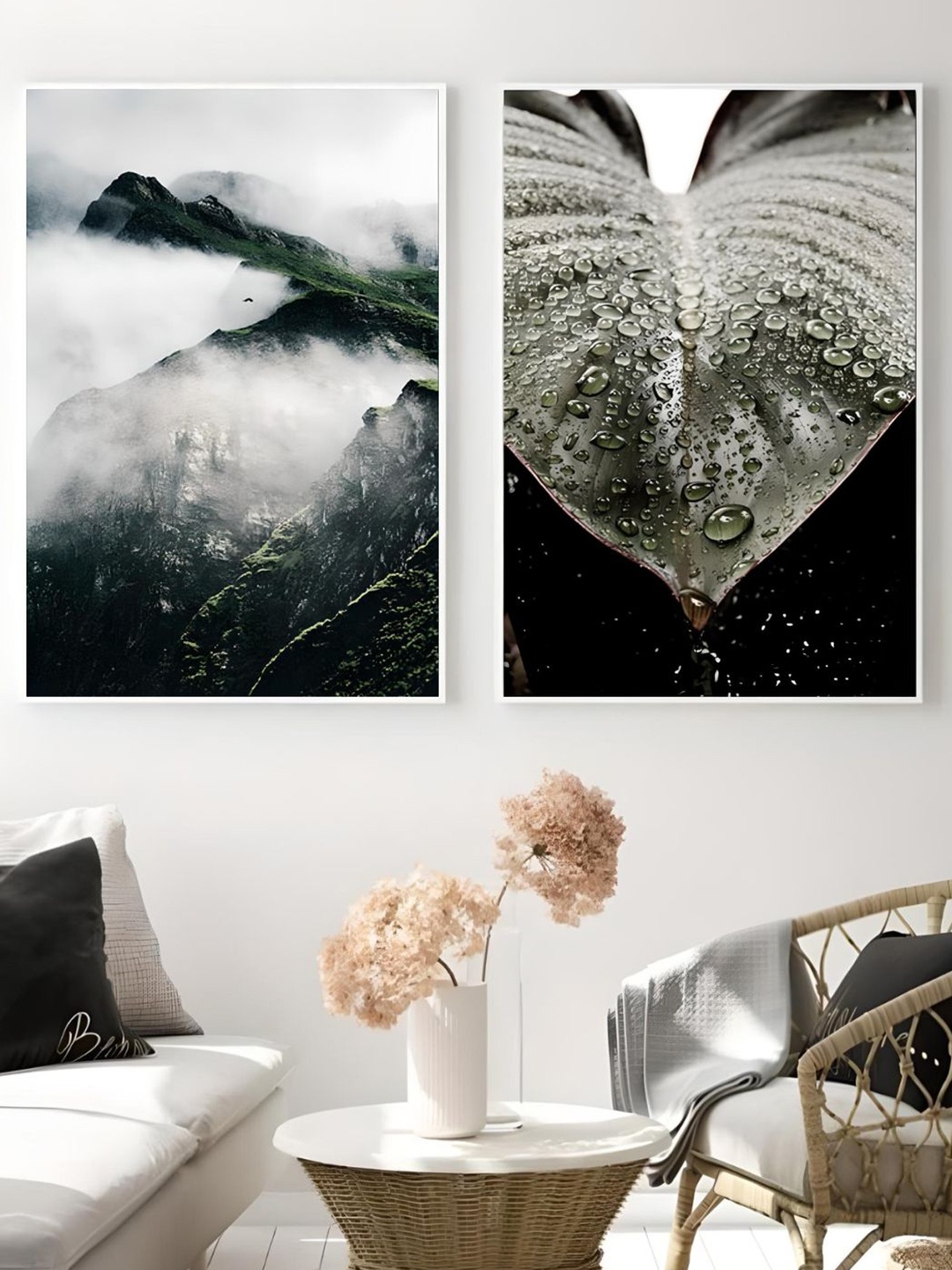 

THE HANDMADE FLAIR 2 Pcs Green & White Nature Framed Painting Wall Art