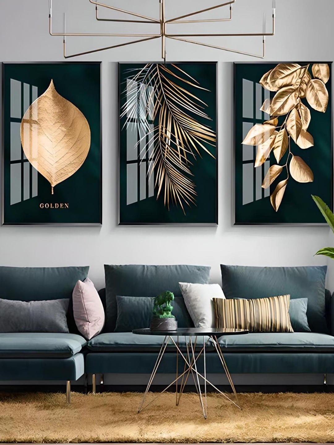 

THE HANDMADE FLAIR 3 Pcs Green & Gold-Toned Tropical Plants Framed Painting Wall Art
