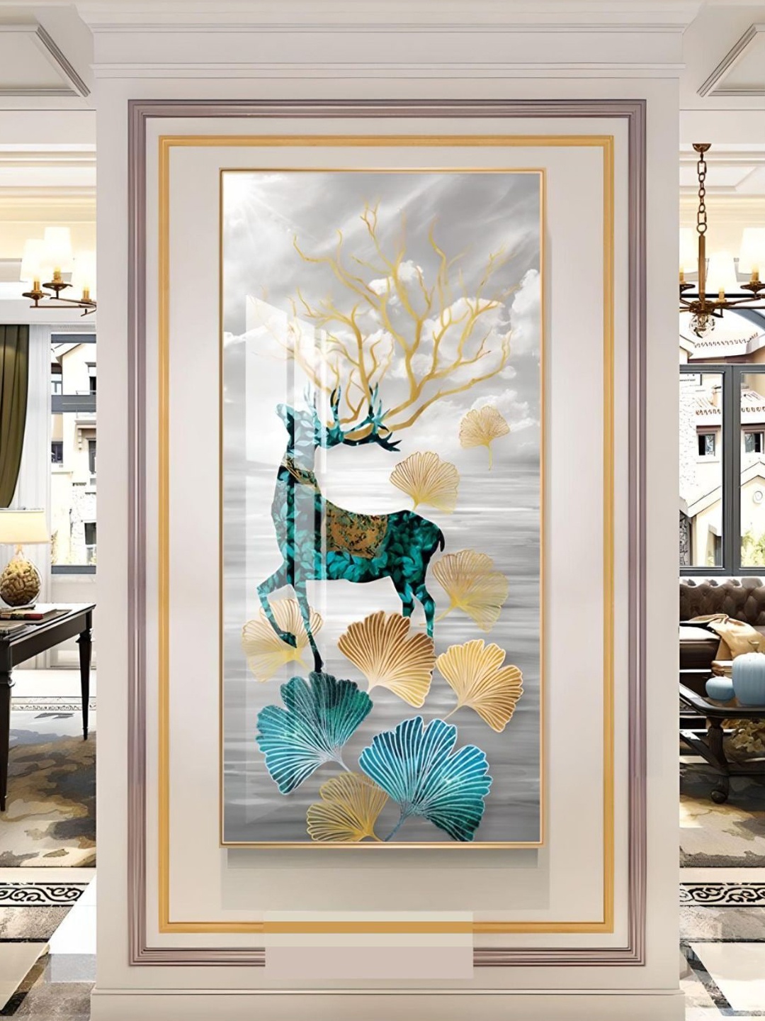 

THE HANDMADE FLAIR Beige & Blue Mystical Deer Framed Painting Wall Art