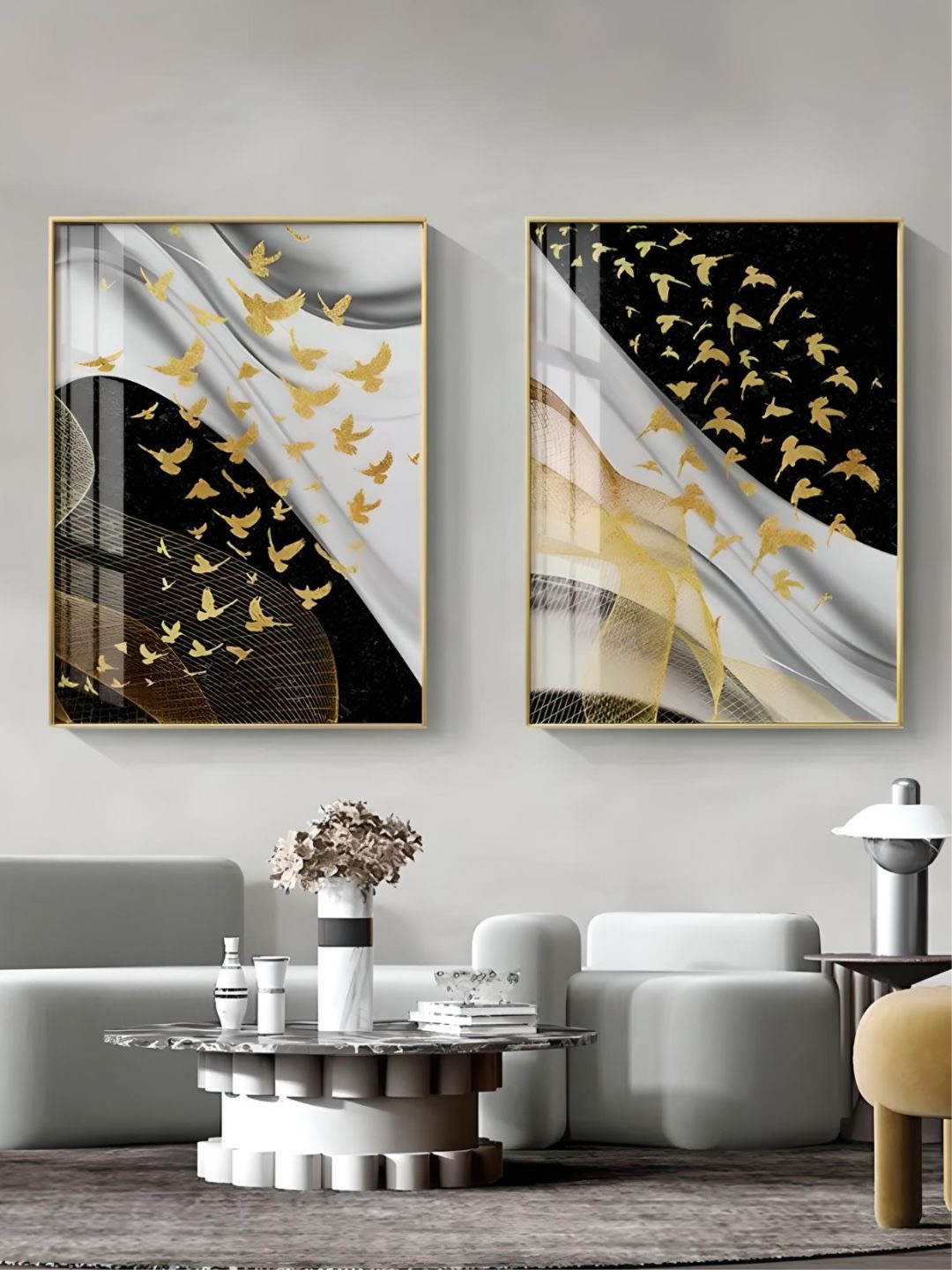 

THE HANDMADE FLAIR Black & Grey 2 Piece Wooden Birds Flowing Painting Wall Arts