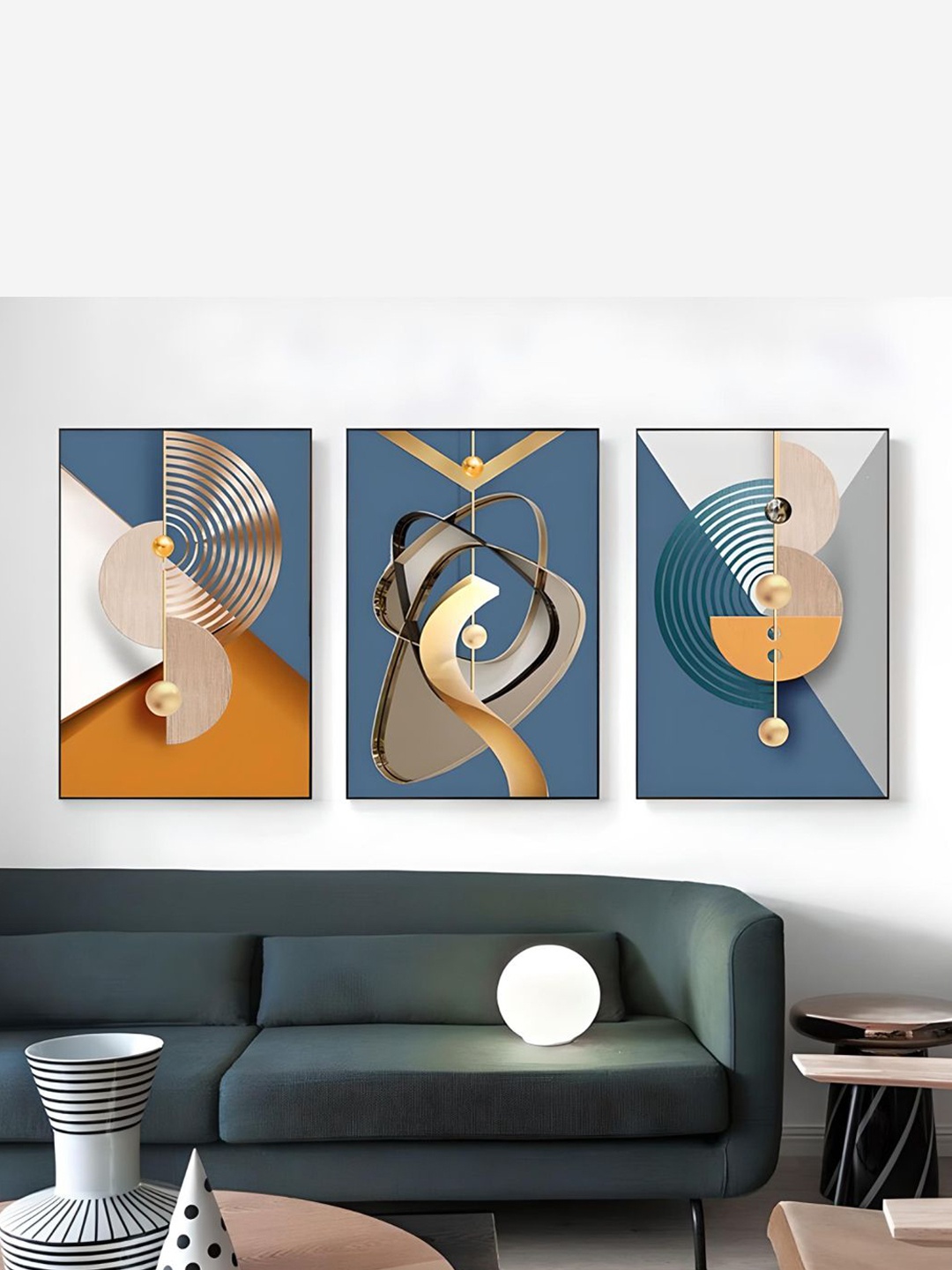 

THE HANDMADE FLAIR Blue & Gold Toned 3 Pieces Abstract Wooden Wall Arts