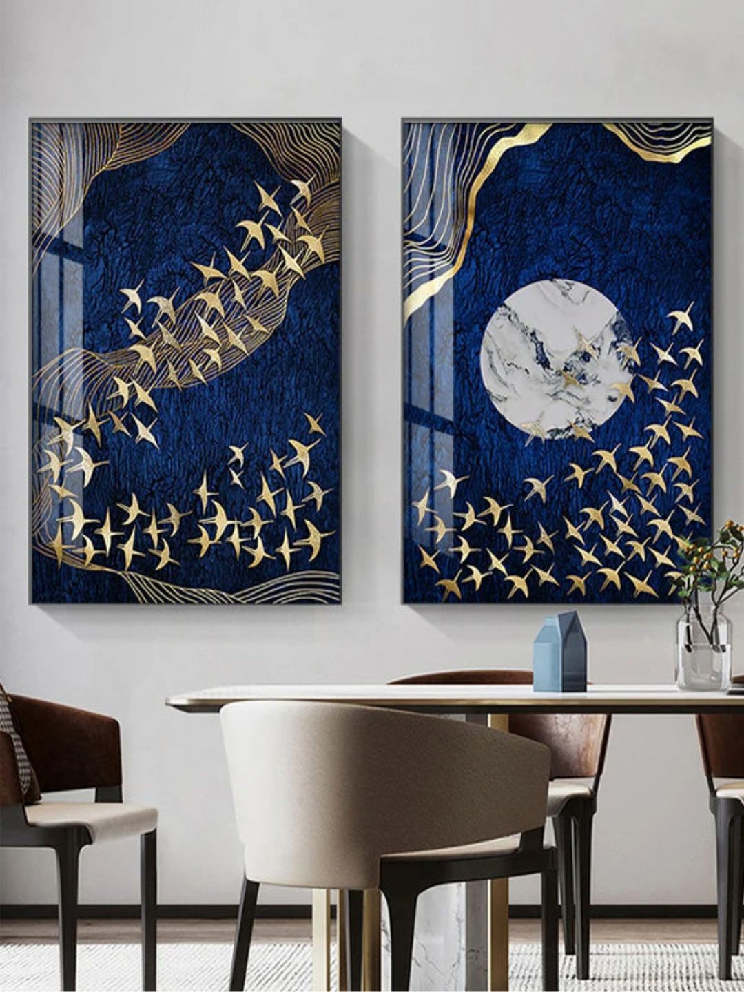 

THE HANDMADE FLAIR Blue & Gold Toned 2 Pieces Abstract Printed Wooden Wall Arts